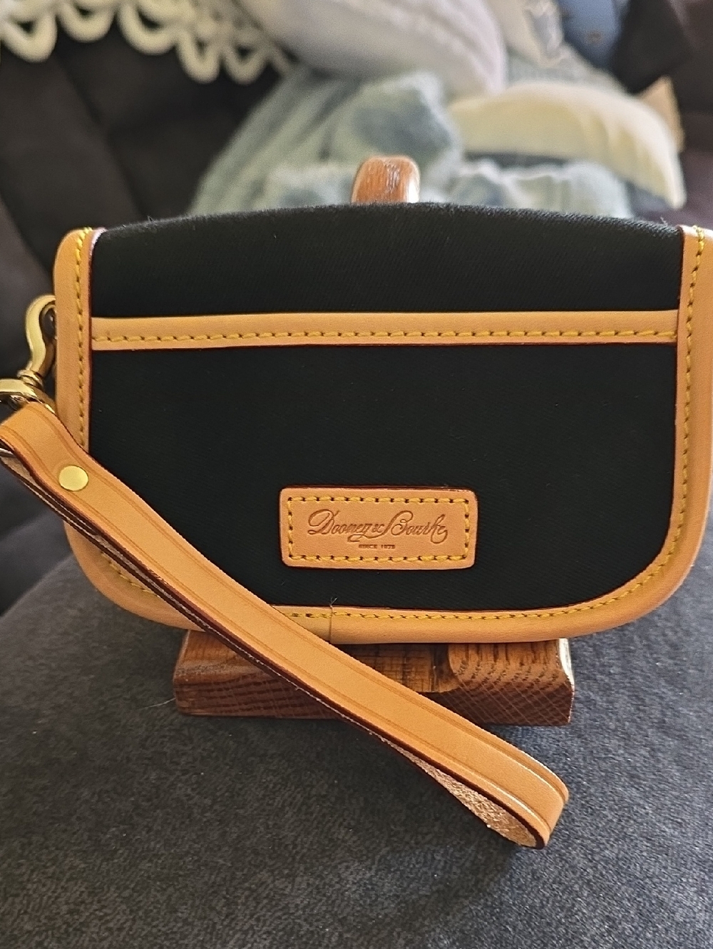 Dooney & Bourke Black Canvas Wristlet with Tan Trim NWOT